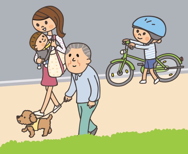 ②歩道を歩く母親と赤ちゃん、犬を連れた男性のそばを、ヘルメットをかぶった子どもが自転車から降り、自転車を押しながら歩いている様子のイラスト。