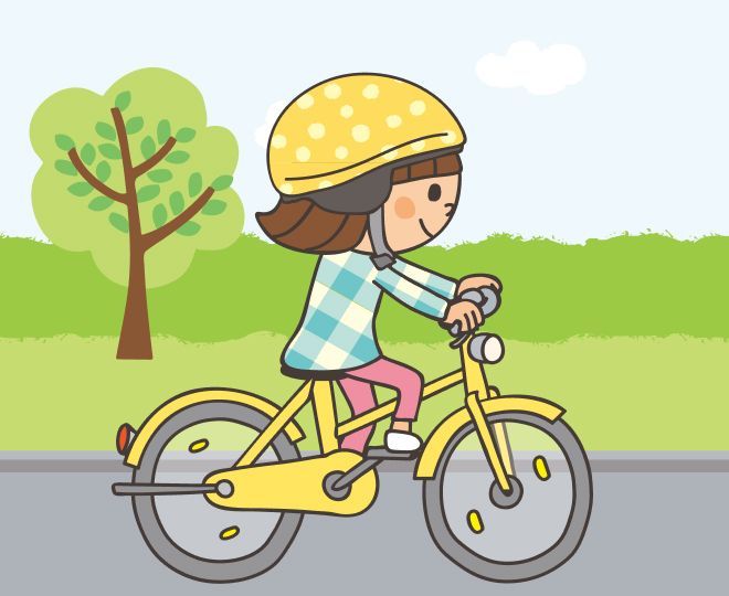 ①ヘルメットをかぶって自電車で通行する様子のイラスト