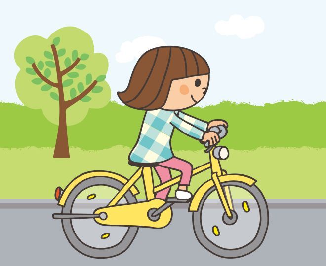 ②ヘルメットをかぶらないで自電車で通行する様子のイラスト