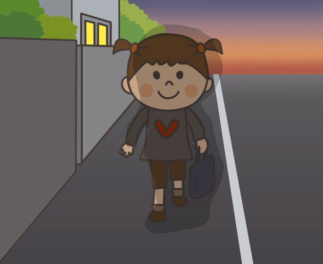 ②夕方、暗い色の服を着て道路を歩く様子のイラスト