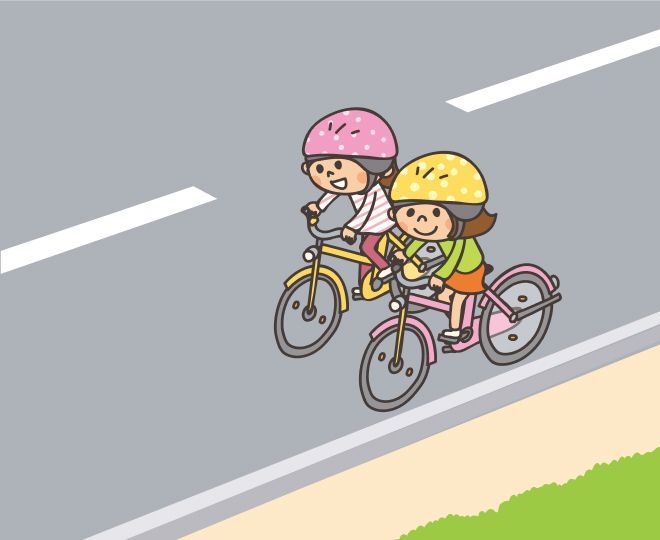 ①友達と並んで自転車で走る様子のイラスト
