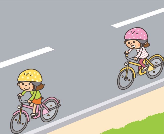 ②友達との間隔をあけて1列で自転車で走る様子のイラスト