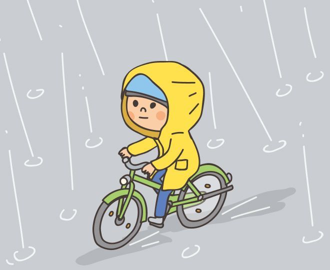 ①雨の日に、レインコートを着て自転車に乗る様子のイラスト