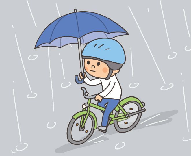 ②雨の日に、傘をさして自転車に乗る様子のイラスト
