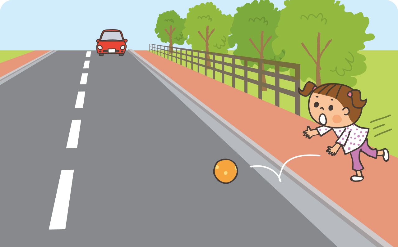 子供が、ボールを追いかけて、道路に飛び出すイラスト