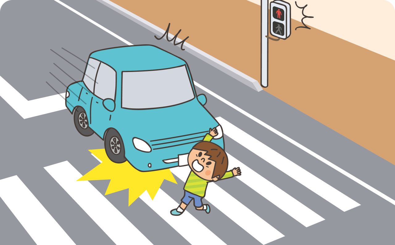 横断歩道で、子供と車が衝突しているイラスト