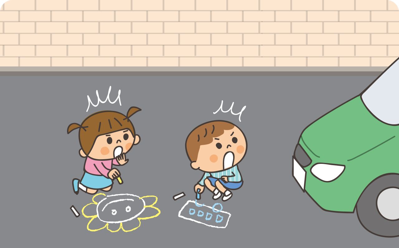 道路の真ん中で遊んでいる子供に、車がぶつかりそうになるイラスト
