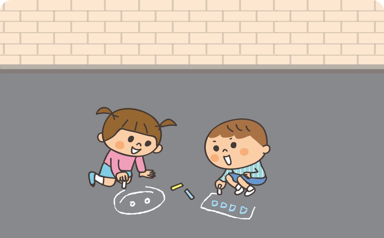 道路の真ん中で、子供2人が地面に絵を描いて遊んでいるイラスト