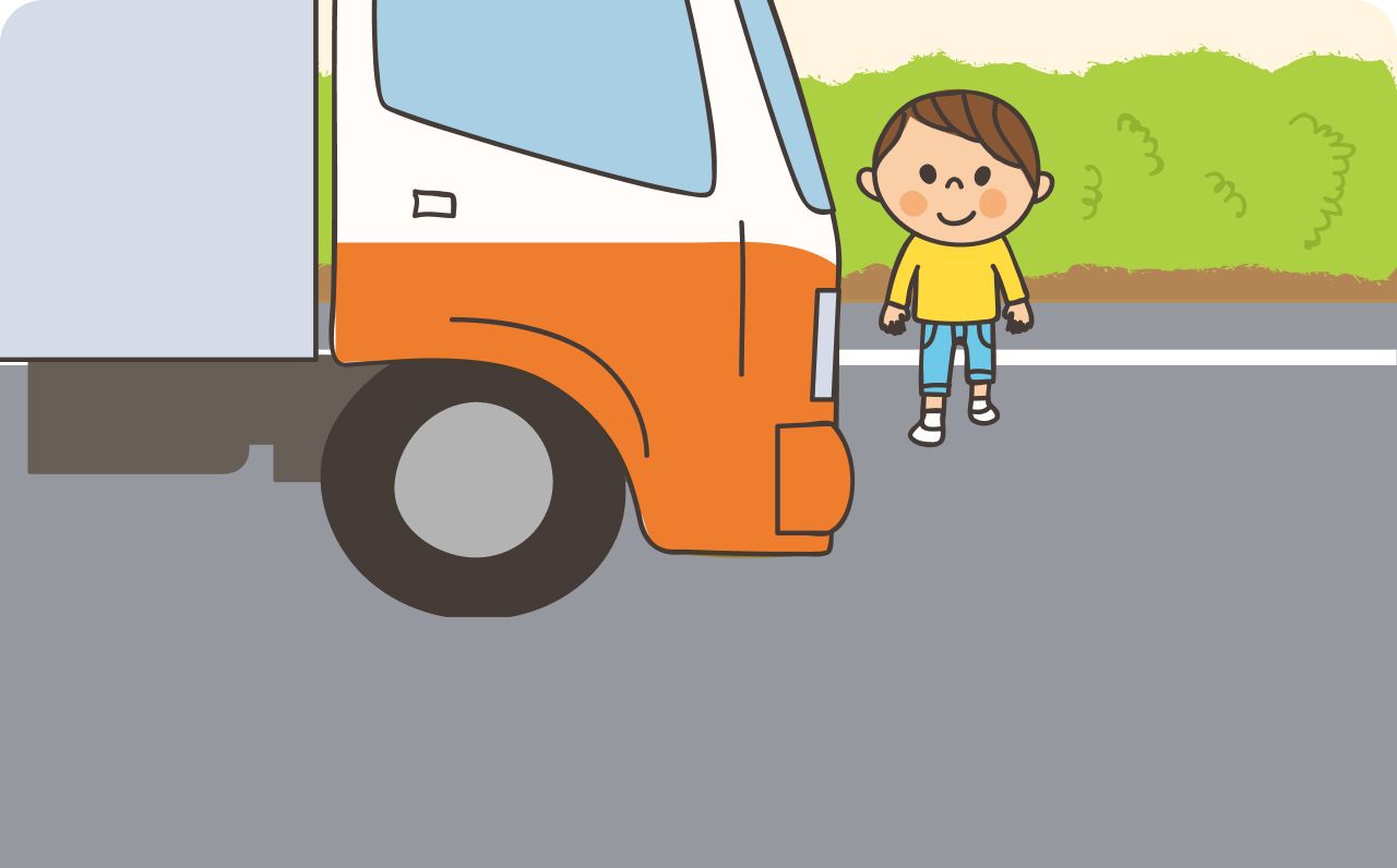 子供が止まっている車の近くから道路に出ようとしているイラスト