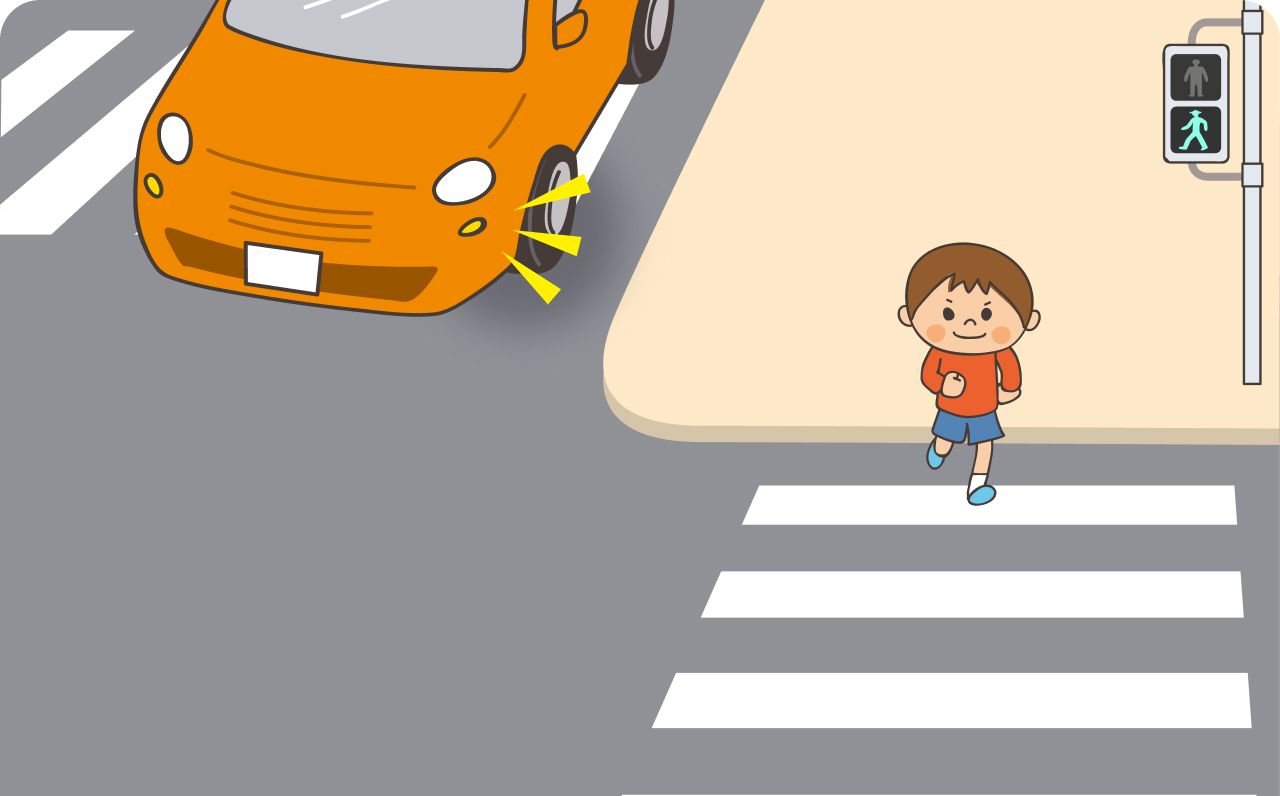 子供が横断歩道を急いで走って渡るイラスト