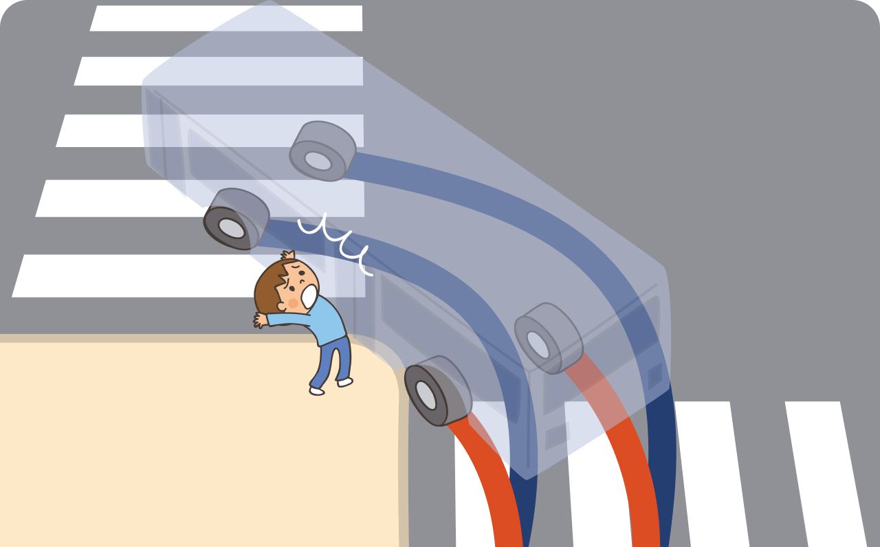 子供が歩道の端で信号待ちをしていて、曲がってきた大きな車に巻き込まれてしまうイラスト