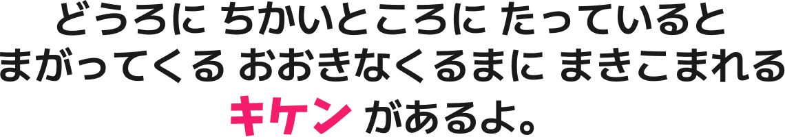どうろに ちかいところに たっていると まがってくる おおきなくるまに まきこまれる キケン があるよ。
