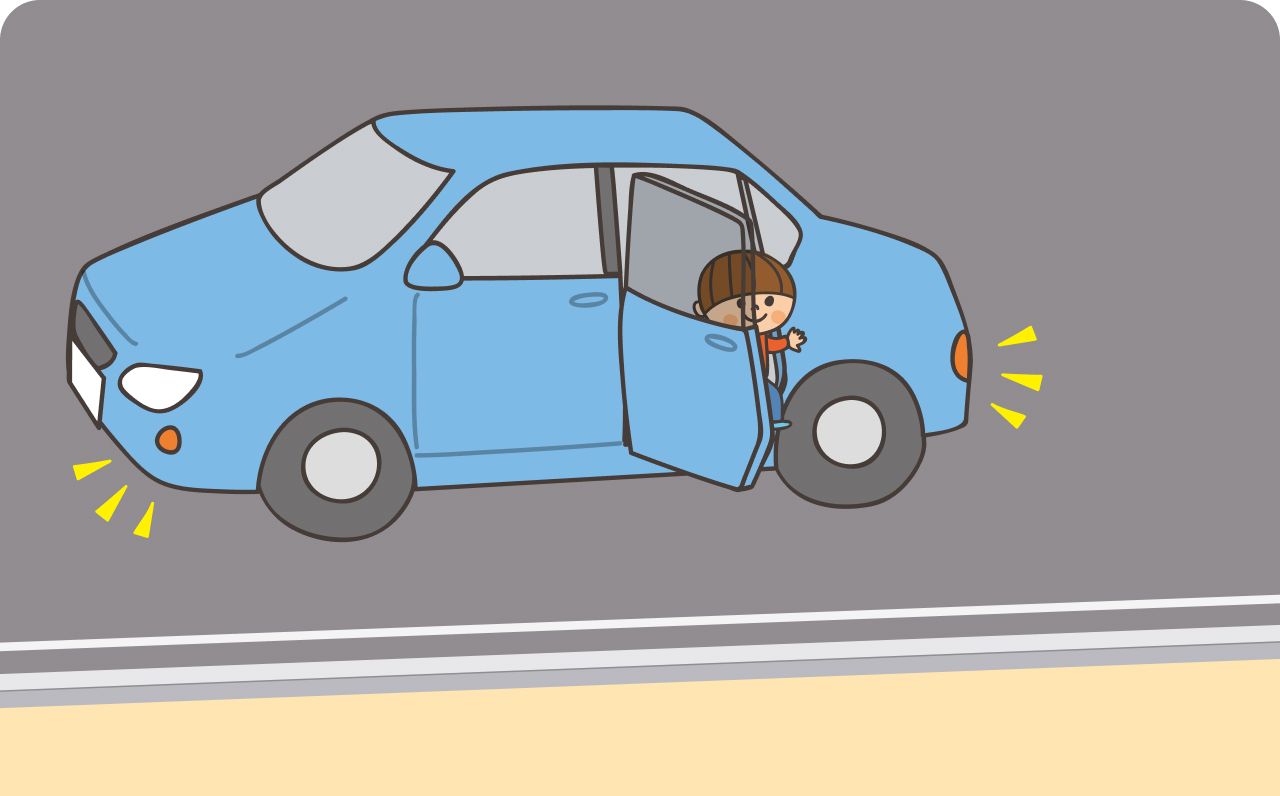 子供が、周囲の確認をせずに車のドアを開けて降りようとしているイラスト