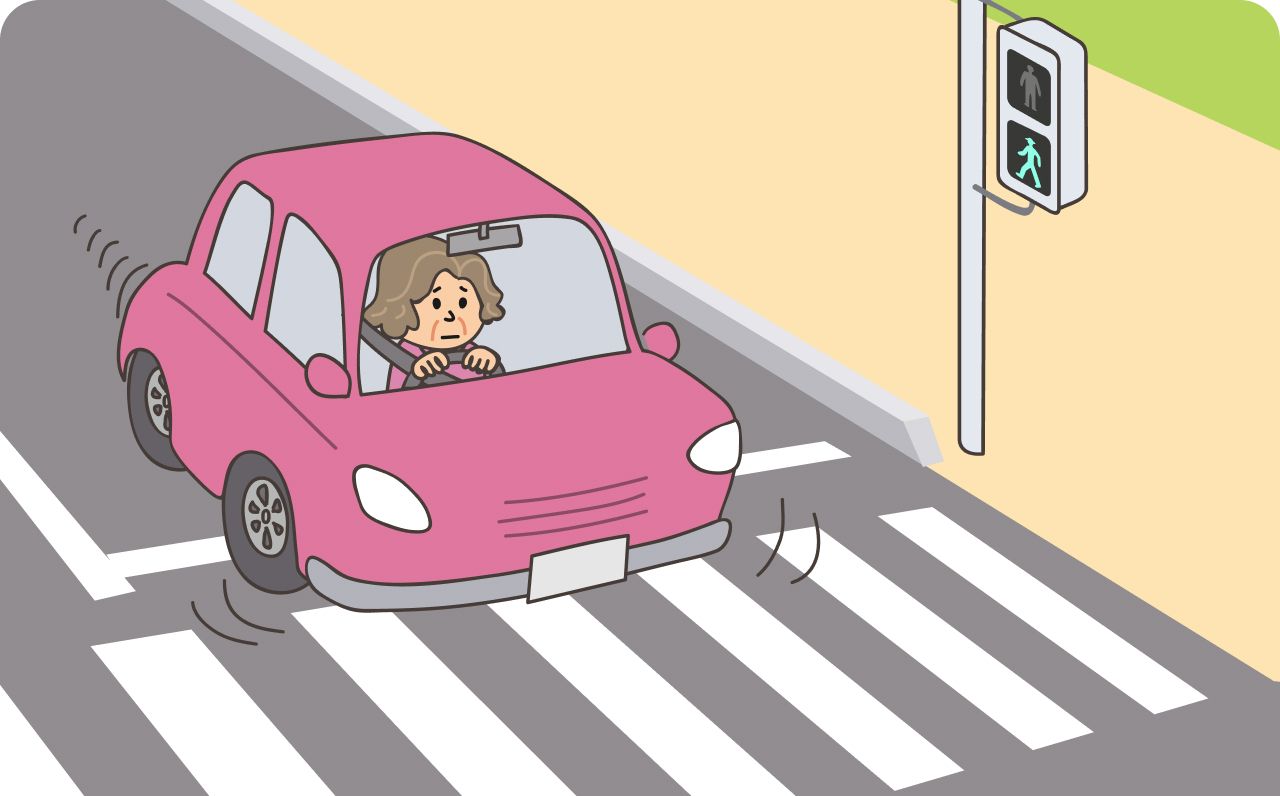 高齢者が、運転中に停止線で止まれなかったイラスト