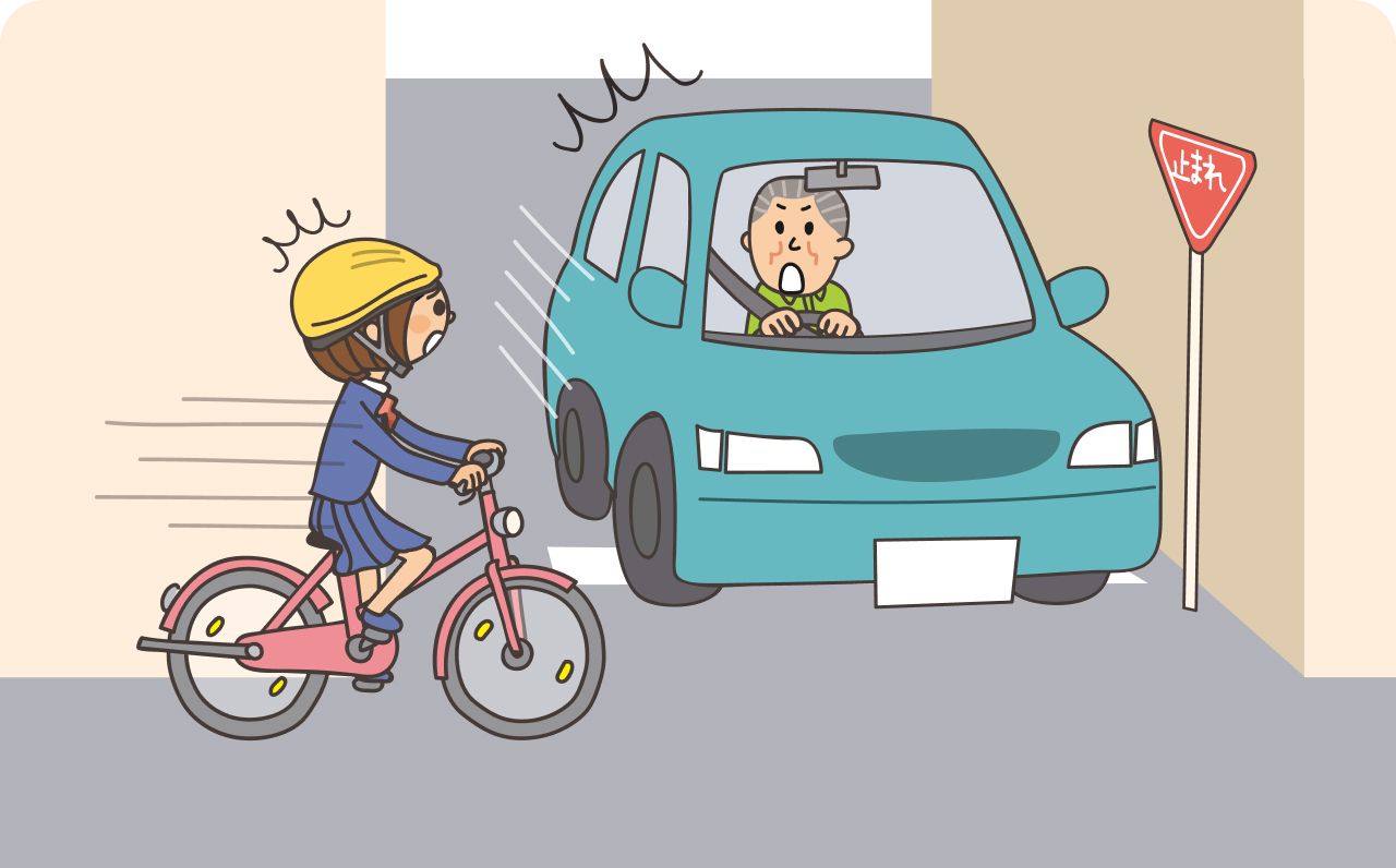 高齢者が運転中に、人通りが少ない道で油断して自転車と衝突しそうになるイラスト