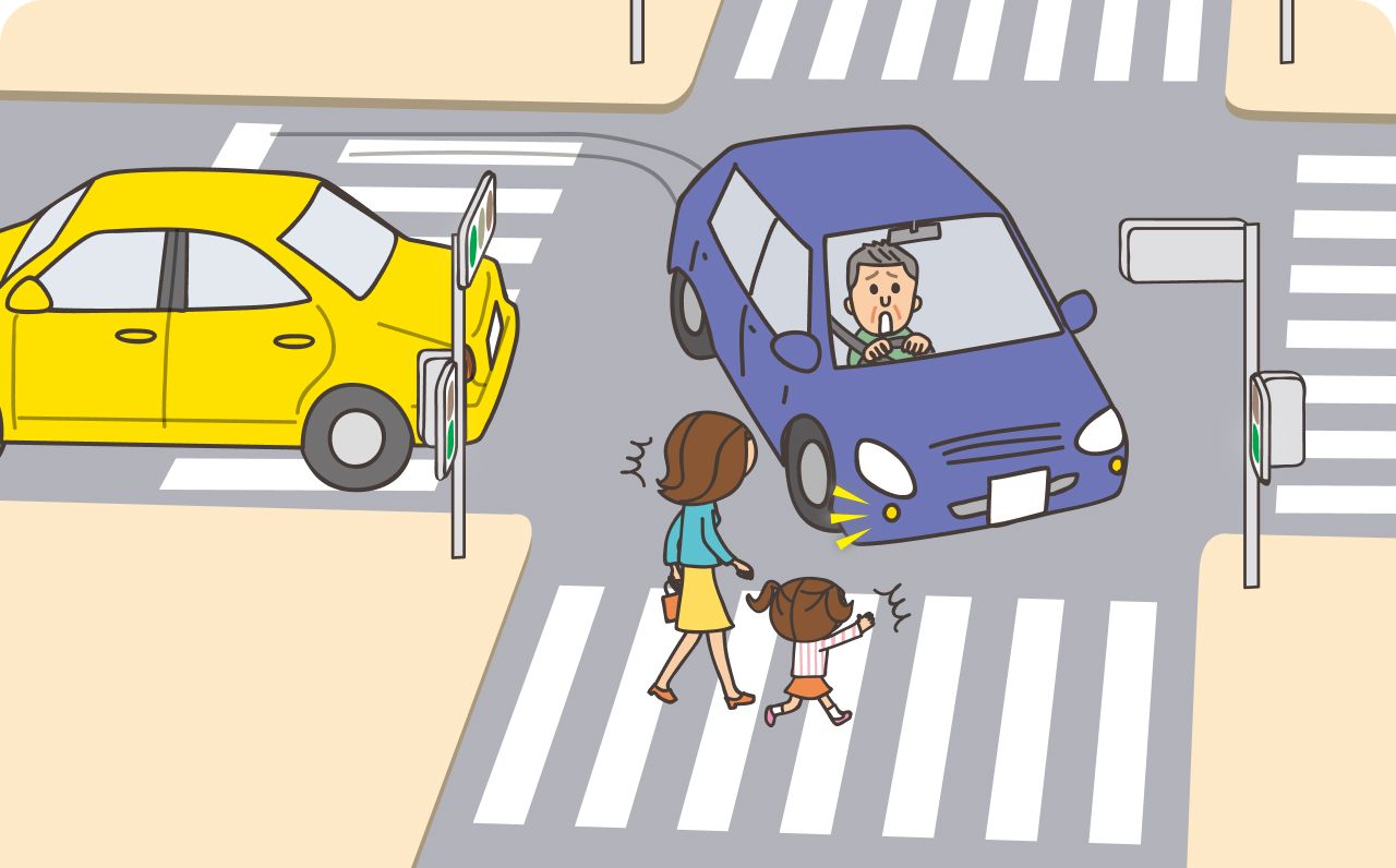 高齢者が車で右折しようとして、直進車に気を取られて横断歩道を歩行中の歩行者に気がつかないイラスト
