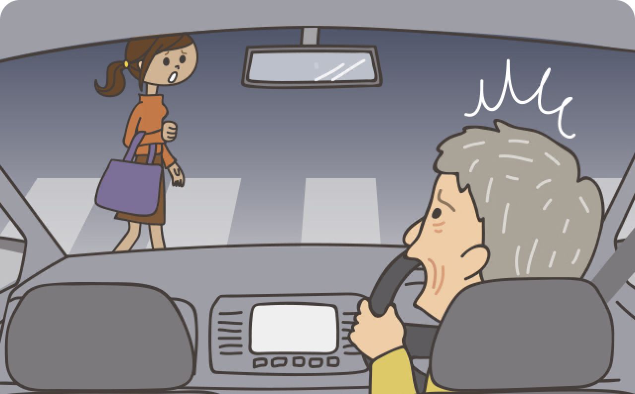 高齢者が夜間の運転で周りがよく見えず困っているイラスト