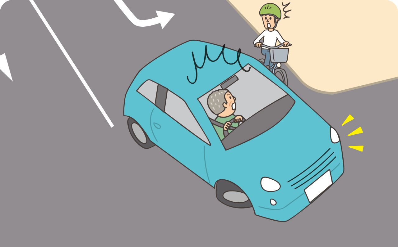 高齢者が車で左折する際に、自転車に気がつかず驚くイラスト