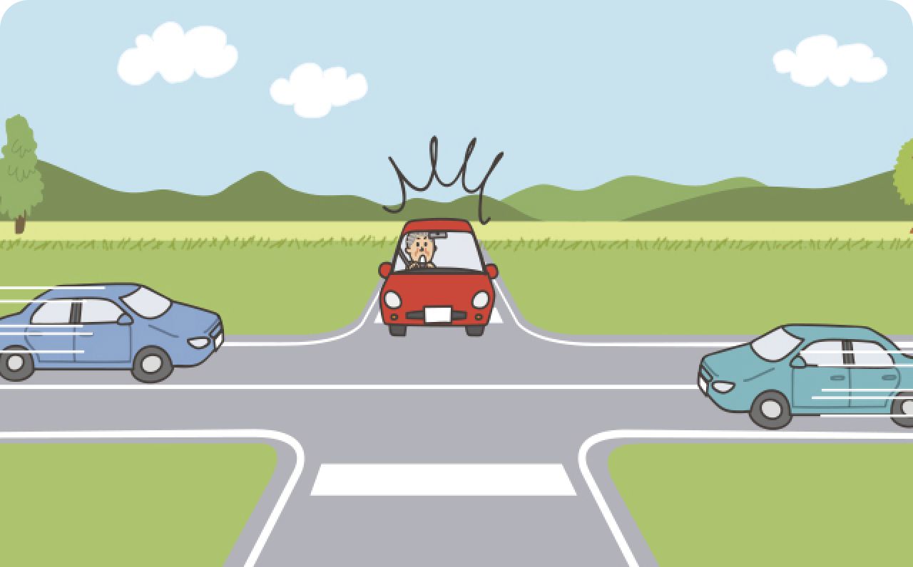 高齢者が車で左折する際に、自転車に気がつかず驚くイラスト
