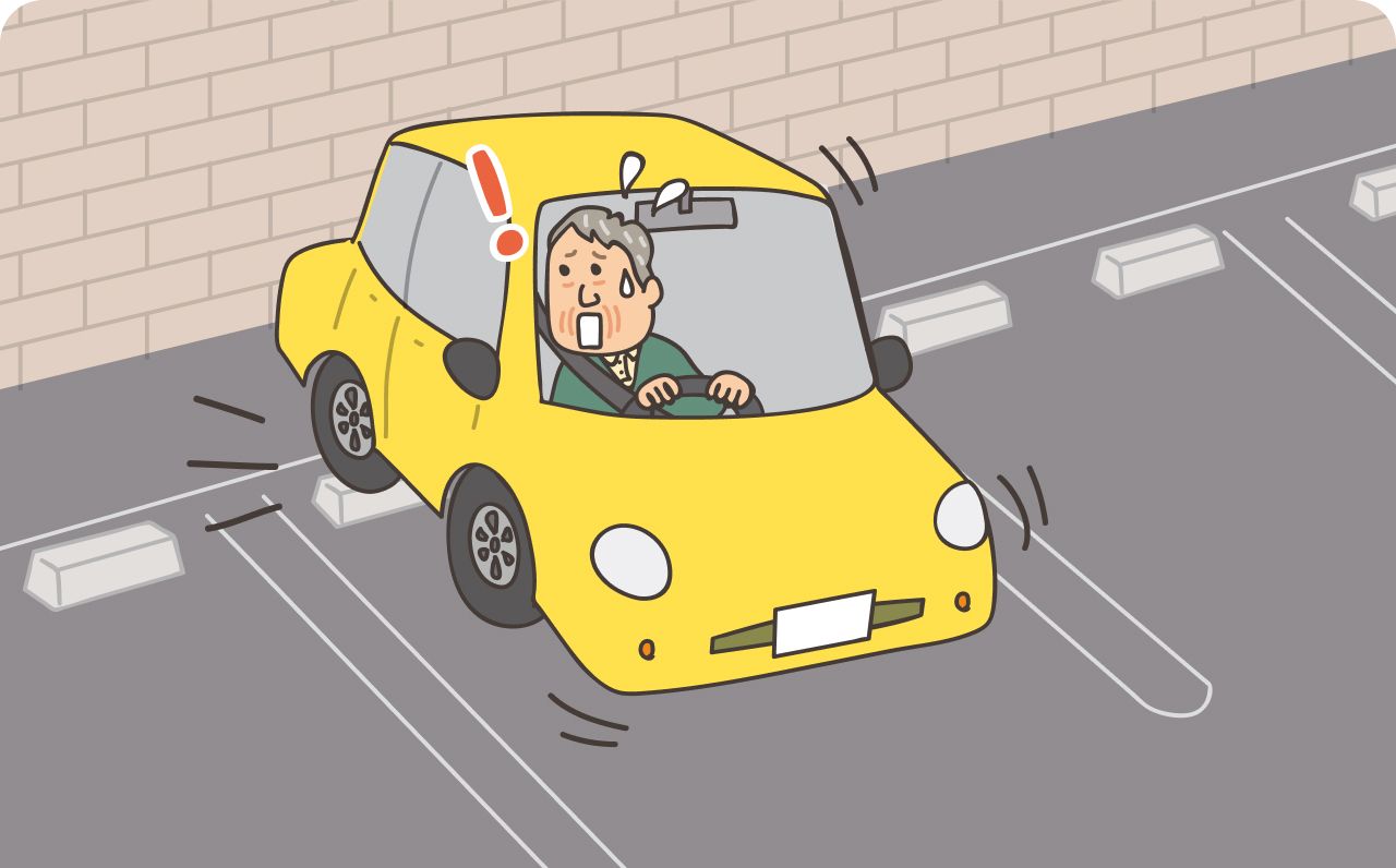 高齢者が車で左折する際に、自転車に気がつかず驚くイラスト