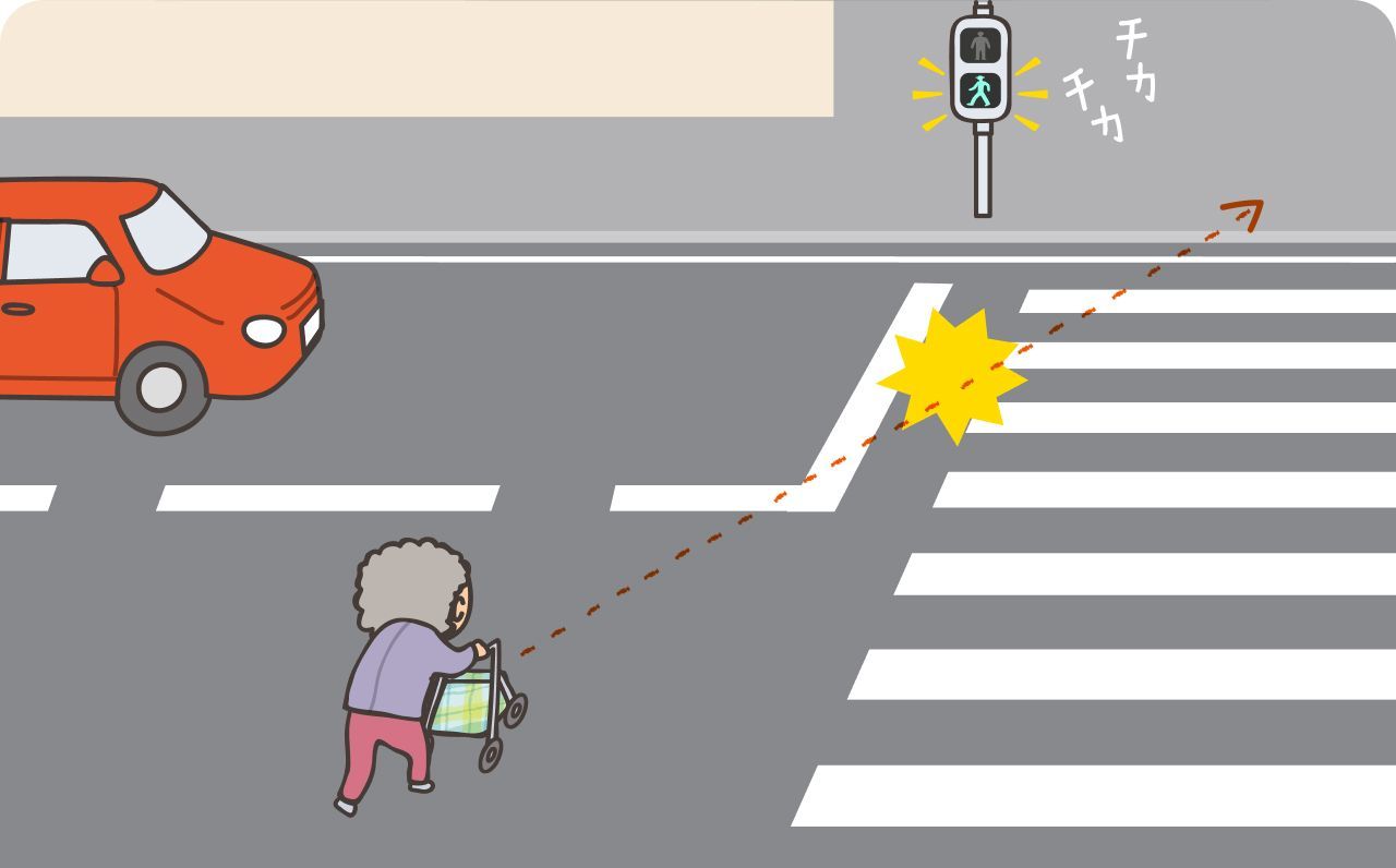 高齢者が、交差点などで横断歩道の手前から斜めに横断しているイラスト