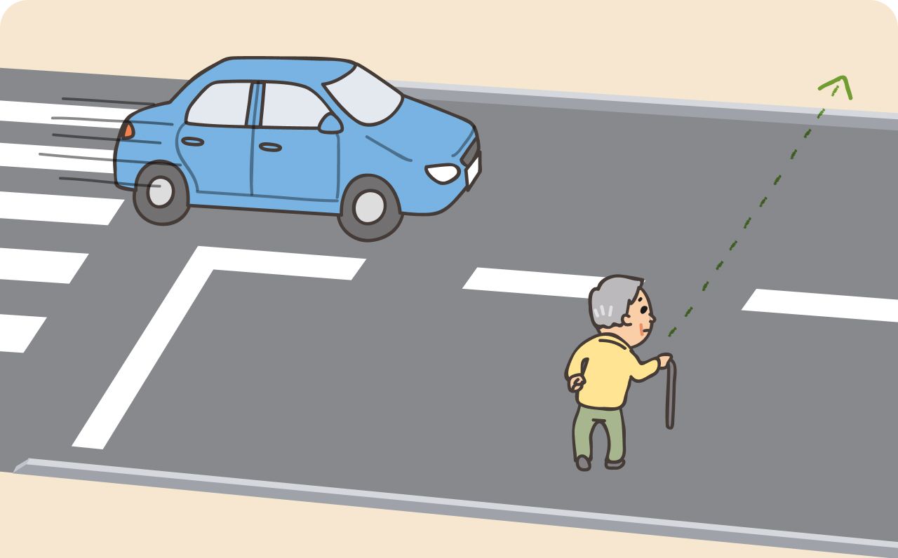 高齢者が、横断歩道以外の場所を横断しているイラスト