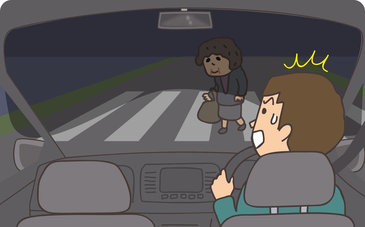 高齢者が夜間に暗い色の服を着て外出し、車の運転手から見えにくくなっているイラスト