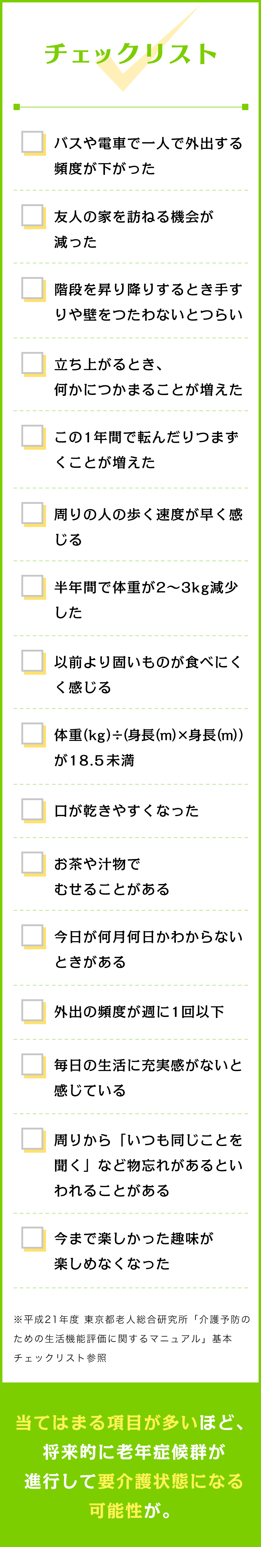 チェックリスト 当てはまる項目が多いほど、将来的に老年症候群が進行して要介護状態になる可能性が。