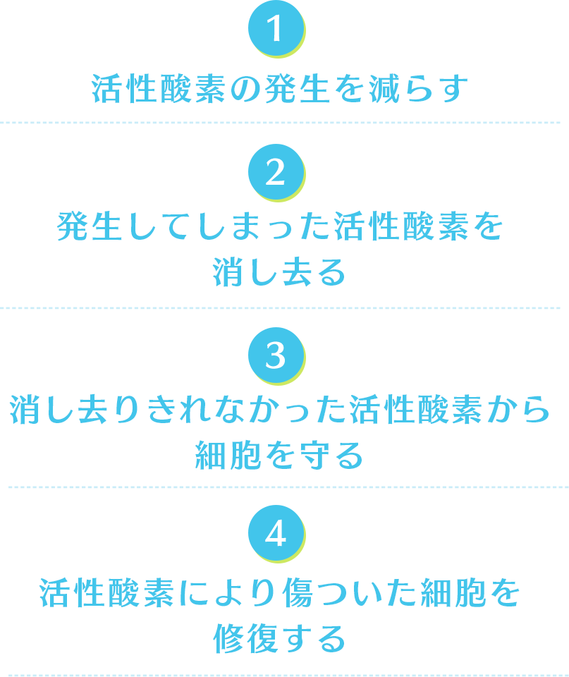 活性酸素の発生を減らす発生してしまった活性酸素を消し去る消し去りきれなかった活性酸素から細胞を守る活性酸素により傷ついた細胞を修復する