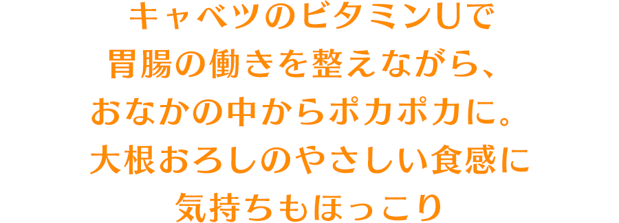 キャベツのビタミンUで胃腸の働きを整えながら、おなかの中からポカポカに。大根おろしのやさしい食感に気持ちもほっこり