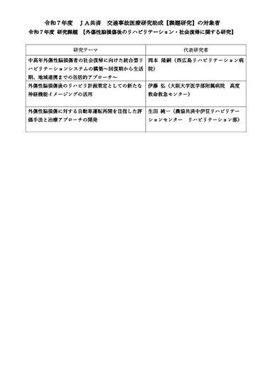 令和7年度 JA共済交通事故医療研究助成【課題研究】対象者の決定(PDF 88KB)表紙