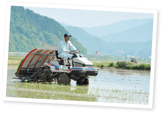水田で田植え機を使う農家の方